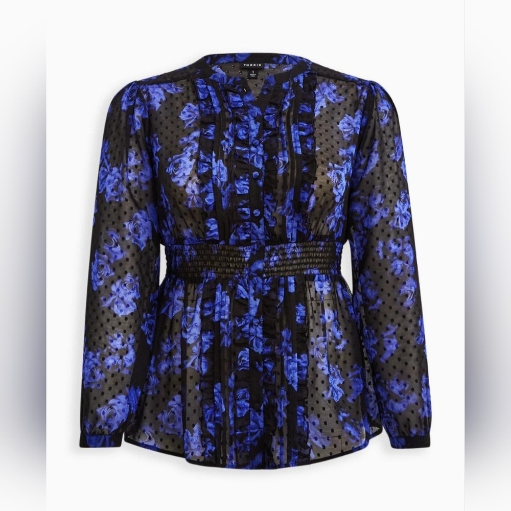 Torrid Floral Clip Dot Ruffle Blue and Black Top Blouse